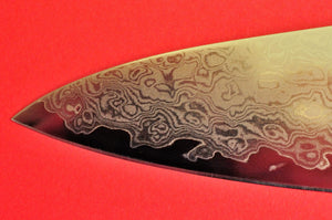 Close-up of the tip YAXELL YO-U 69 layers Damas Damascus chef knife 210mm Gyuto VG-10 Japan