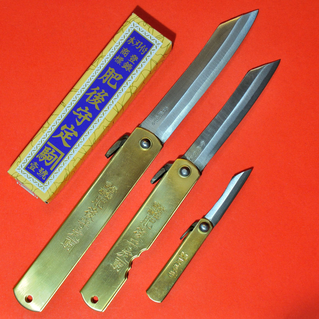 Japanese NAGAO HIGONOKAMI folding pocket knife bluesteel brass 120mm 98mm 54mm japan